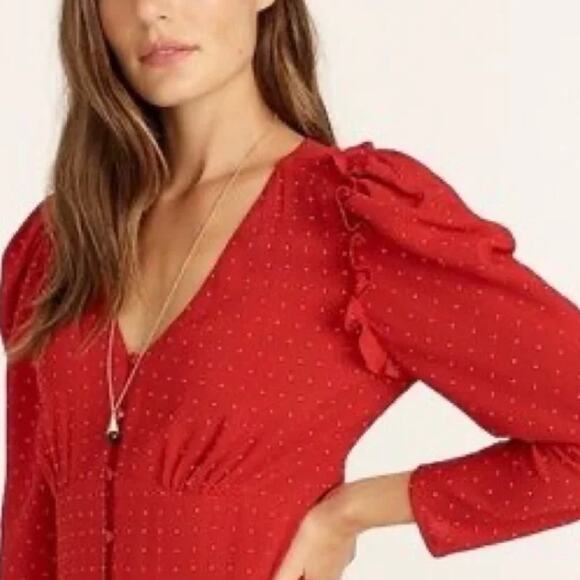 NWT J. CREW Women's PLUS Size 24 Holiday Red Drapey Puff Sleeve Dress Pin Dot - Picture 2 of 16